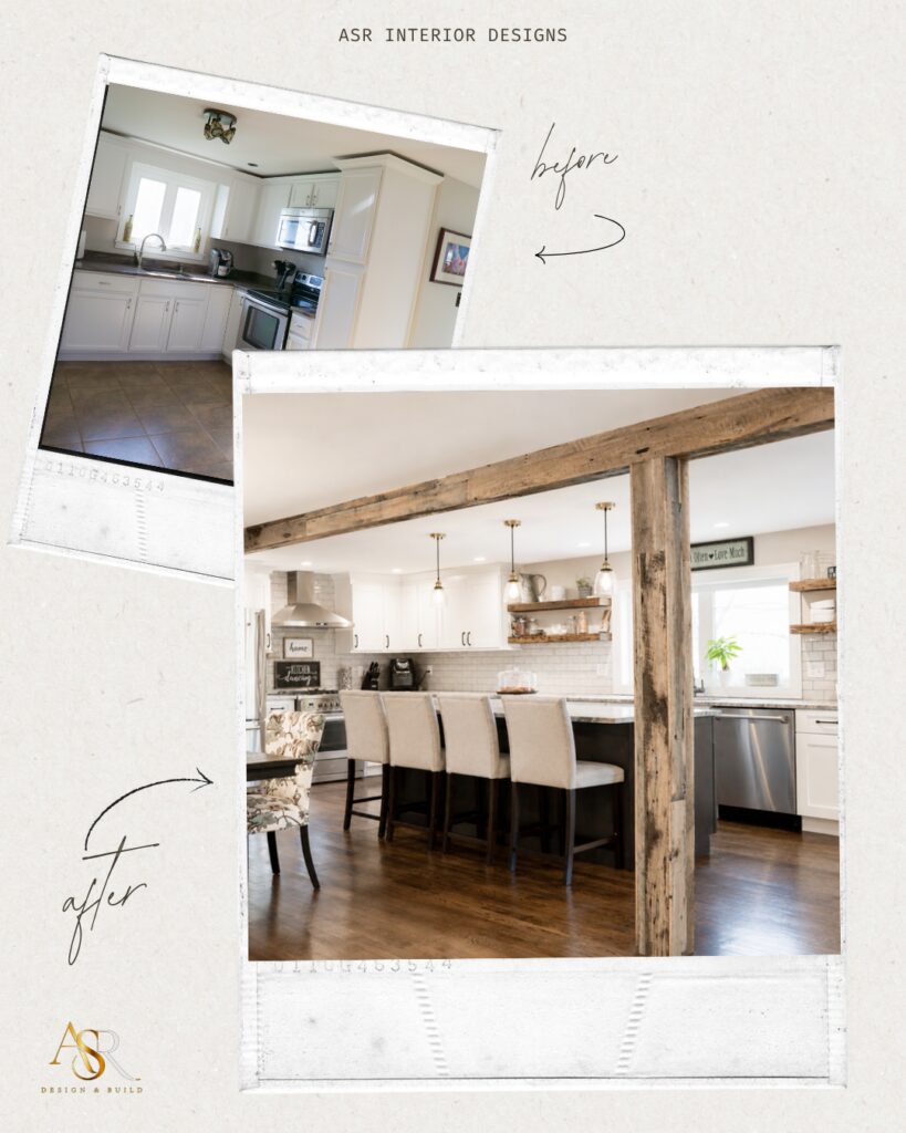 Before and after kitchen expansion creating an open-concept kitchen with custom cabinetry, large island, reclaimed wood beams, and designer lighting in Connecticut.