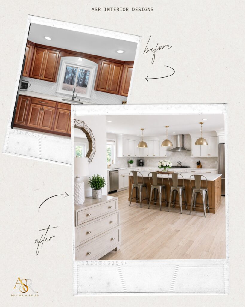 Before and after luxury kitchen renovation featuring custom white cabinetry, oversized island, brass pendant lighting, quartz countertops, and an open-concept design.