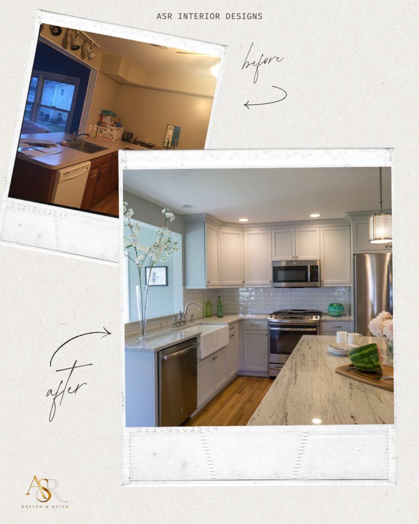 Before and after kitchen remodel with custom gray cabinetry, farmhouse sink, quartz countertops, subway tile backsplash, and oversized island in Connecticut.