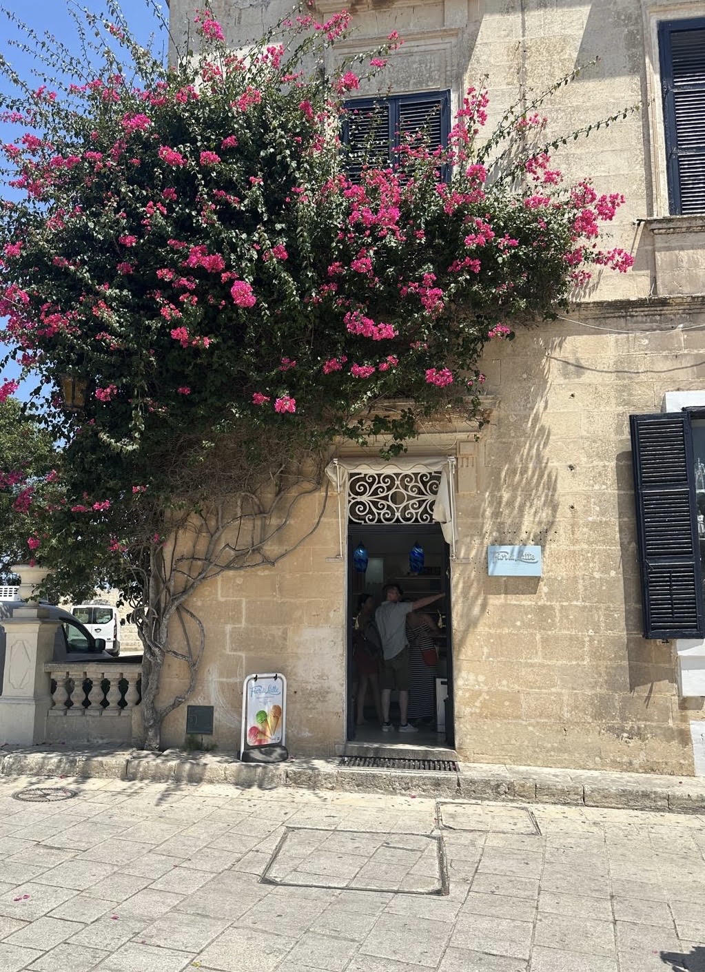 Pink bougainvillea cascading over a historic limestone doorway with traditional shutters.