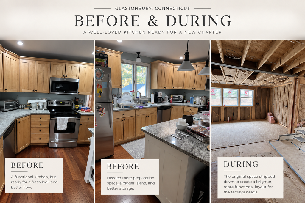 Glastonbury Kitchen Before and During renovation