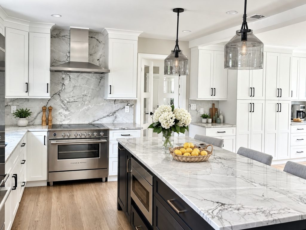 Open-concept kitchen and main floor renovation in Glastonbury Connecticut by ASR Interior Designs.