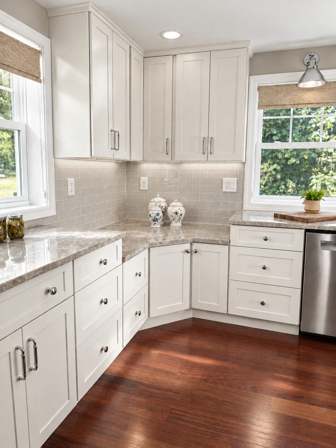 A custom corner cabinet with special lower countertop.